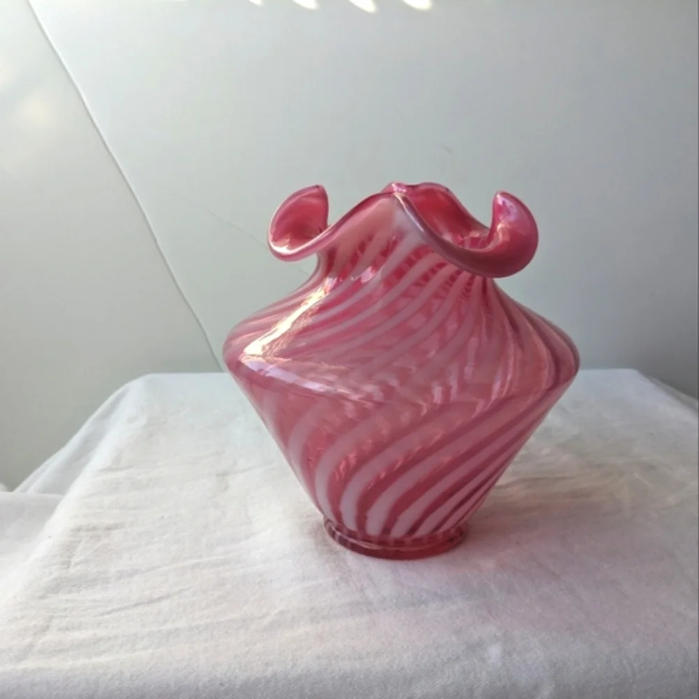 Vintage Cranberry Pink White Candy Cane Handblown Glass Vase Ripple Lip